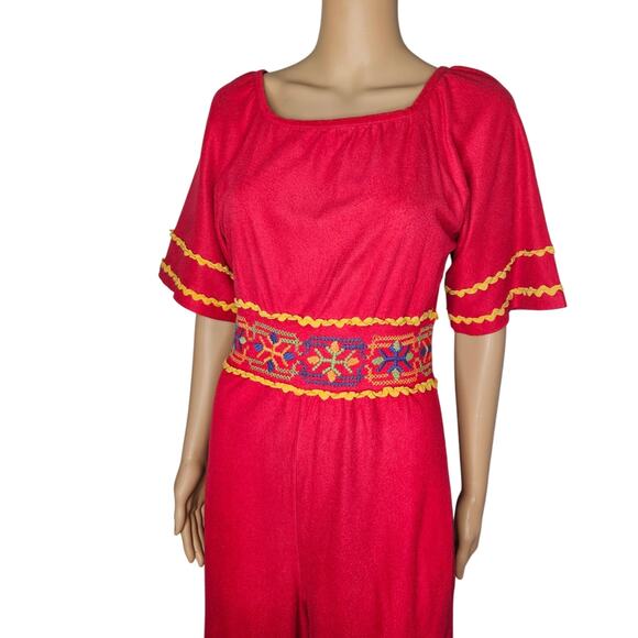 1990s Embroidered Red Katz Culotte Short Sleeve Romper Long Back Zipper Size Sm - Picture 2 of 14
